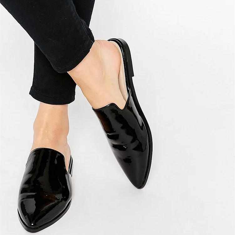 Black Patent Leather Mule Loafers Pointy Toe Casual Flats for Women |FSJ Shoes
