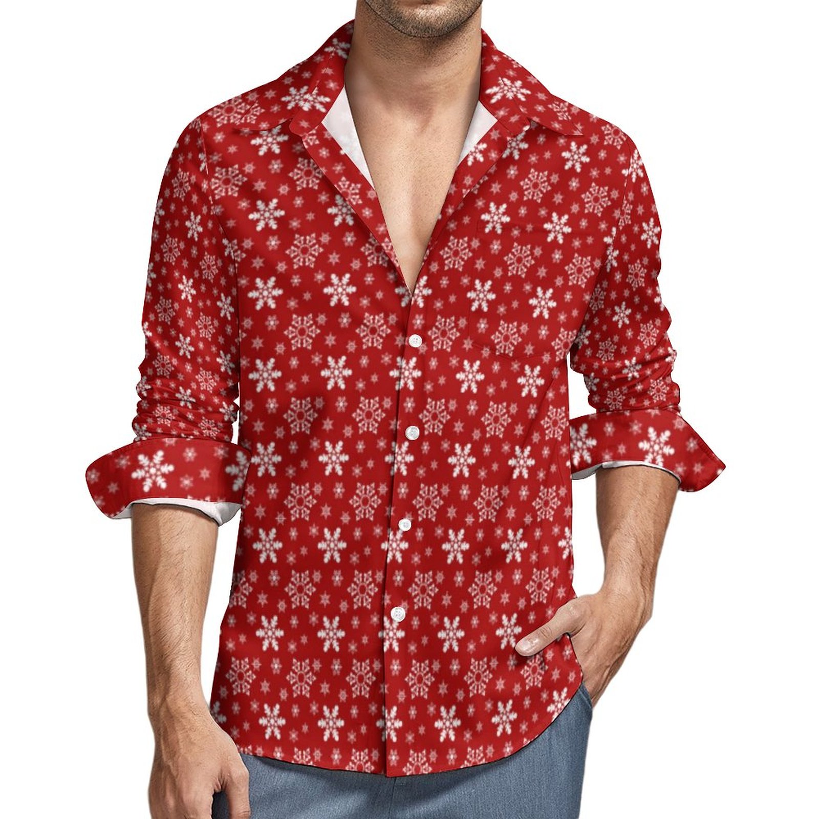 sachin and babi light blue dress Red White Snowflake Christmas Holiday Winter Men's Casual Long Sleeve Button Down Pocket Shirt White & Red-S