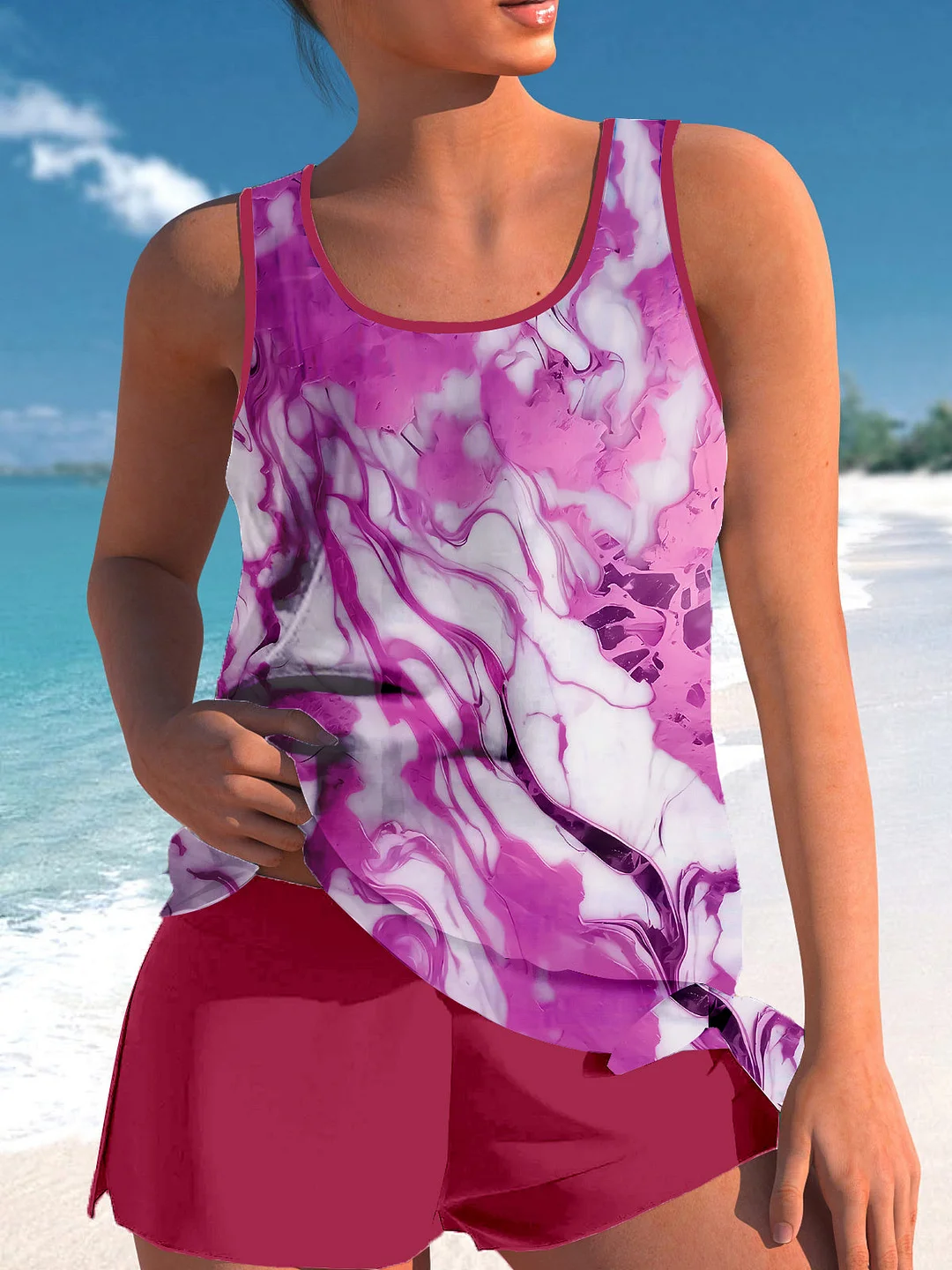 Bowknot Rose Red Graphic Mid Waisted Tankini Set - Plus Size Available