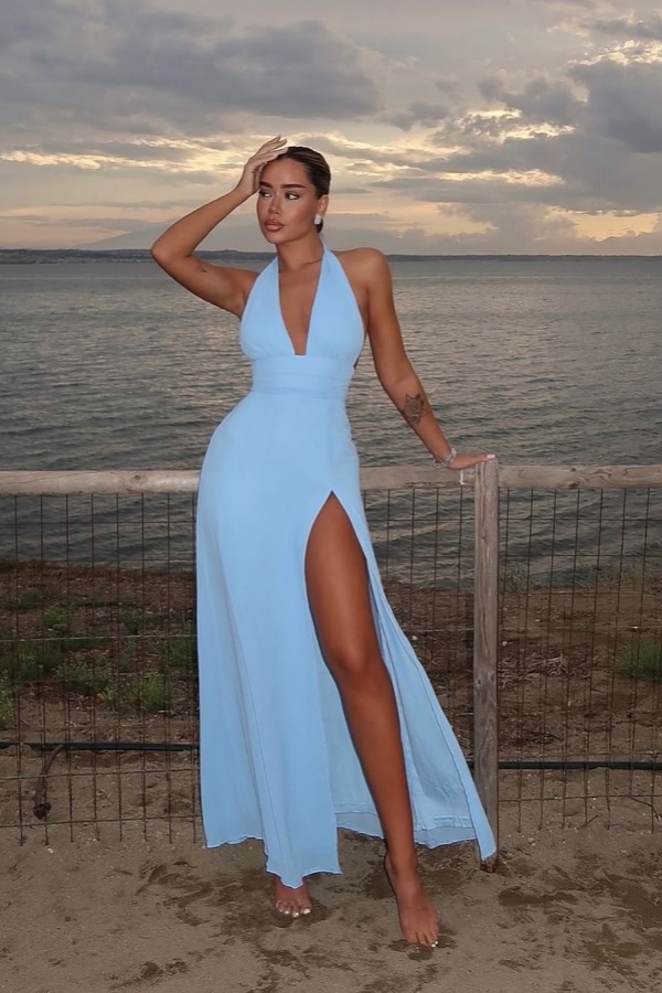 blue chiffon summer dress Flowing Blue Chiffon Summer Dress With Ruffles