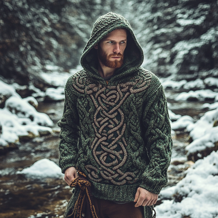 Men's Irish Celtic Knot Jacquard Mottled Hooded Sweater