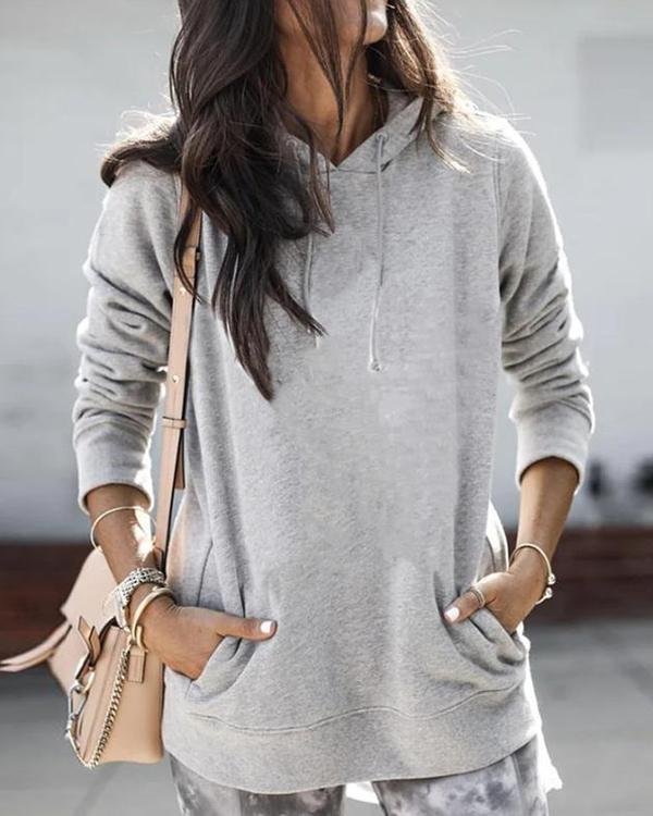 Solid Casual Hooded Pockets Sweatshirts