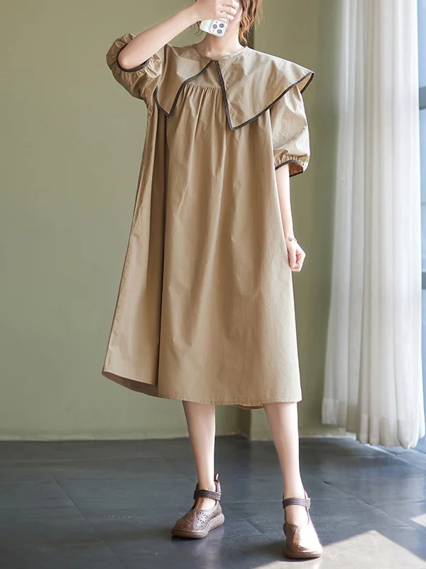 Roomy Short Sleeves Pleated Split-Joint Peter Pan Collar Midi Dresses