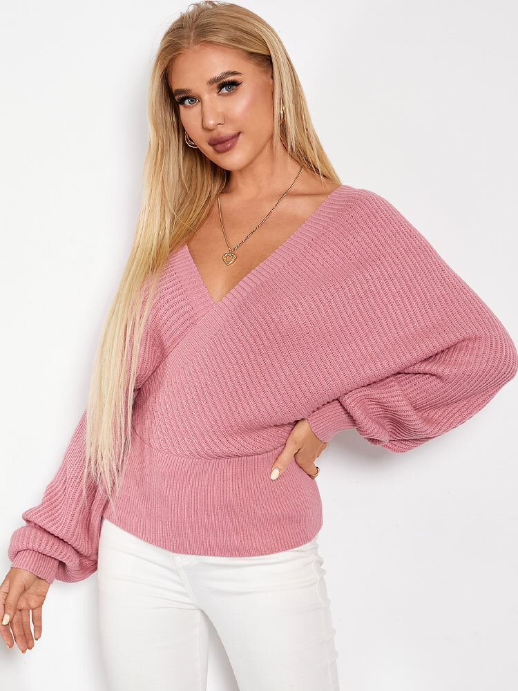 Solid Backless Cross Wrap Dolman Sleeve Deep V-neck Sweater