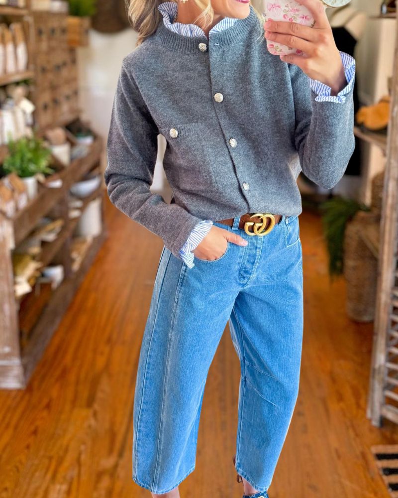 トップス ANDWANG Preppy Collar Double Button Knit Preppy Knit Cardigan with Shirt Collar
