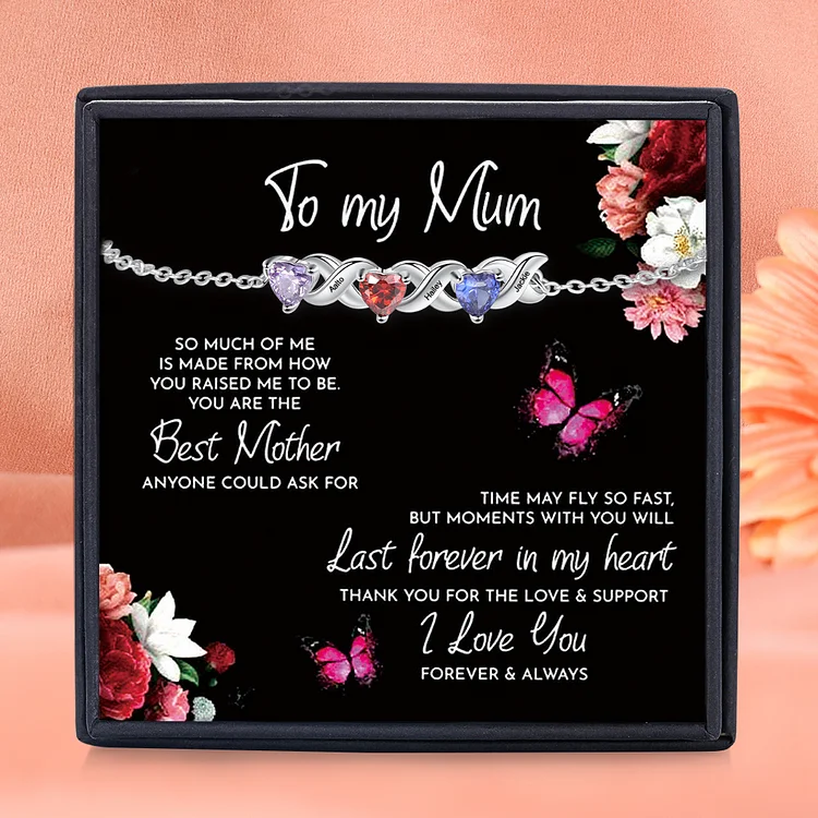 To My Mum/Mom Bracelet Family Custom Names Bracelet Heart Personalized with 3 Birthstones
