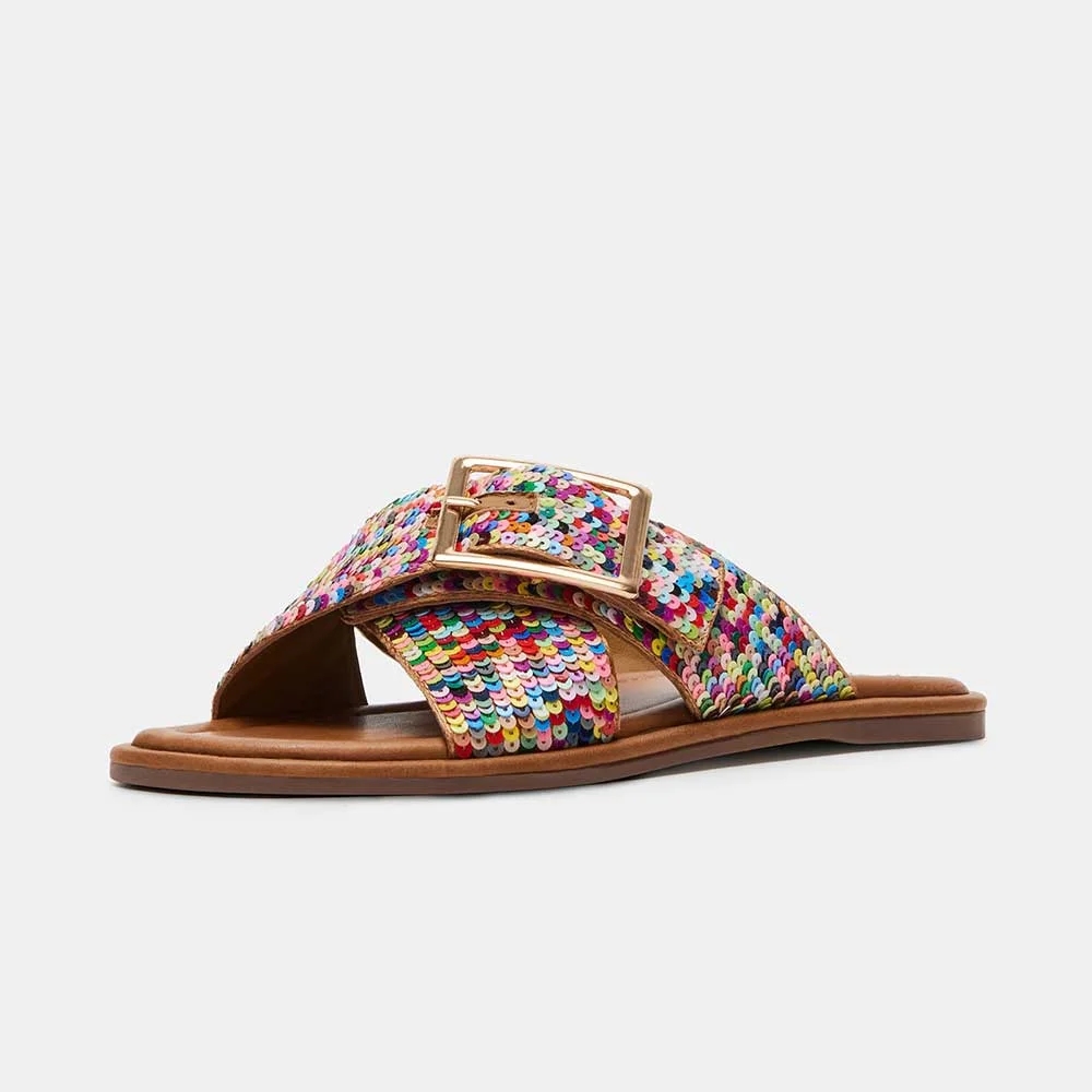 Brown Slide Sandals Open Toe Multicolor Sequin Cross Strap Flats Nicepairs
