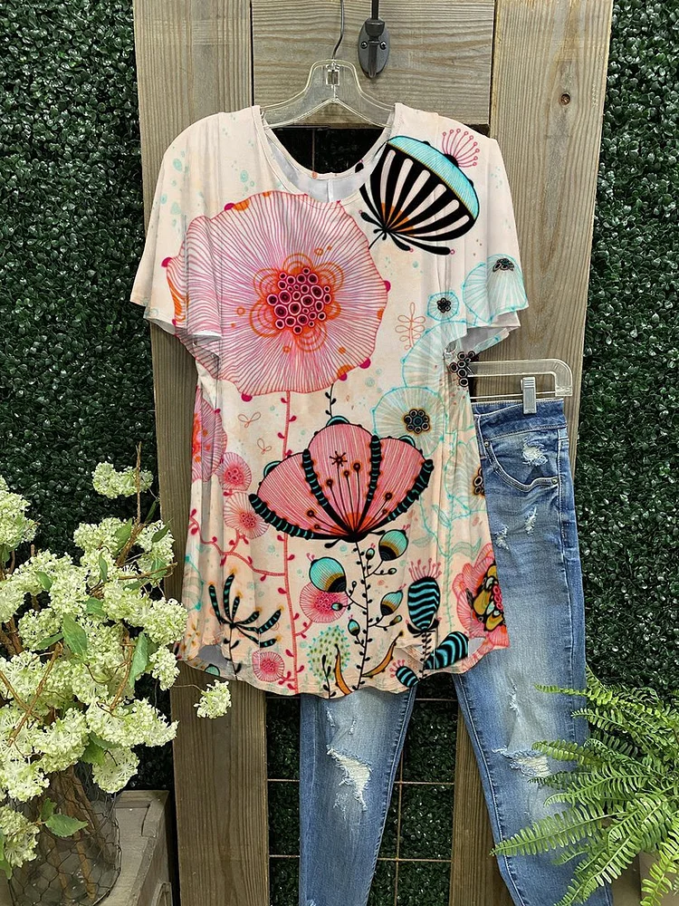 Ladies Printed Casual Short Sleeves-Mayoulove