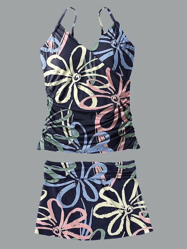 Women's V-neck Floral Print Camisole Dress Tank Top Set Swimsuit