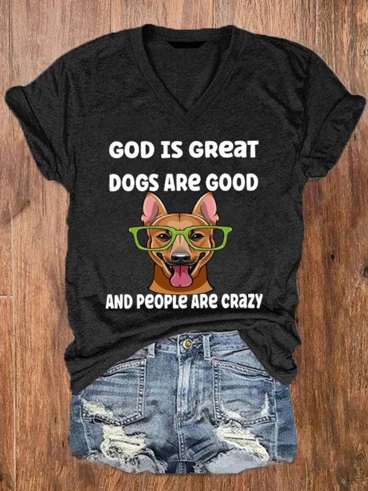 Spectacled Dogs And Letters Print V Neck T Shirt