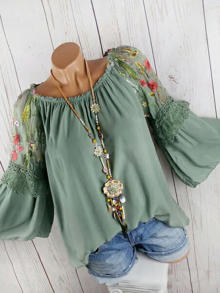 Crew Neck Flare Sleeve Floral Embroidery Blouses