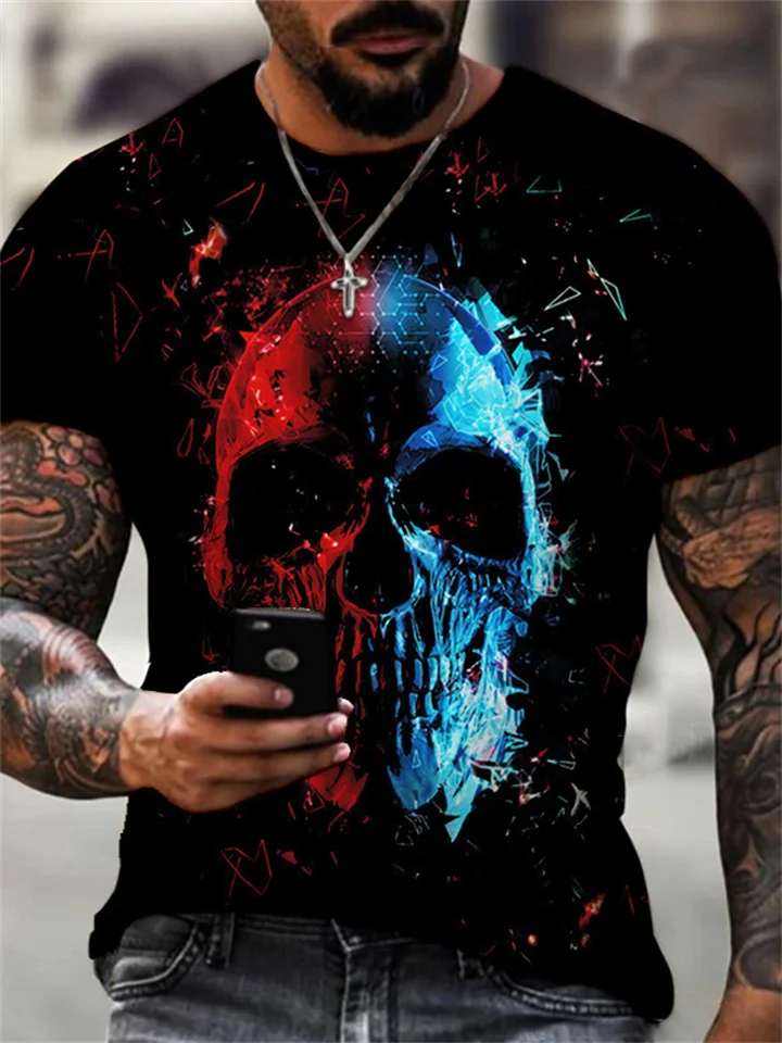 Summer Men's Short-sleeved 3d Digital Printing Skull Loose Comfortable Round Neck Short Sleeve T-shirt-JRSEE