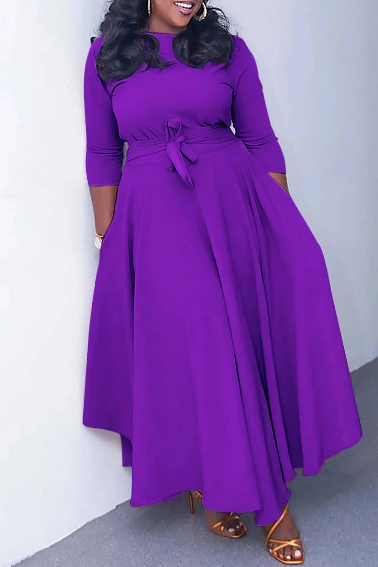 Plus Size Purple Casual Round Neck With Pocket Wrap Maxi Dress 