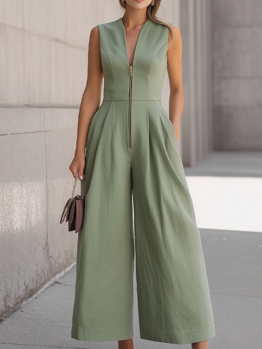 Women's Solid-Color V-Neck Sleeveless Casual Cotton-Linen Wide-Leg Jumpsuit