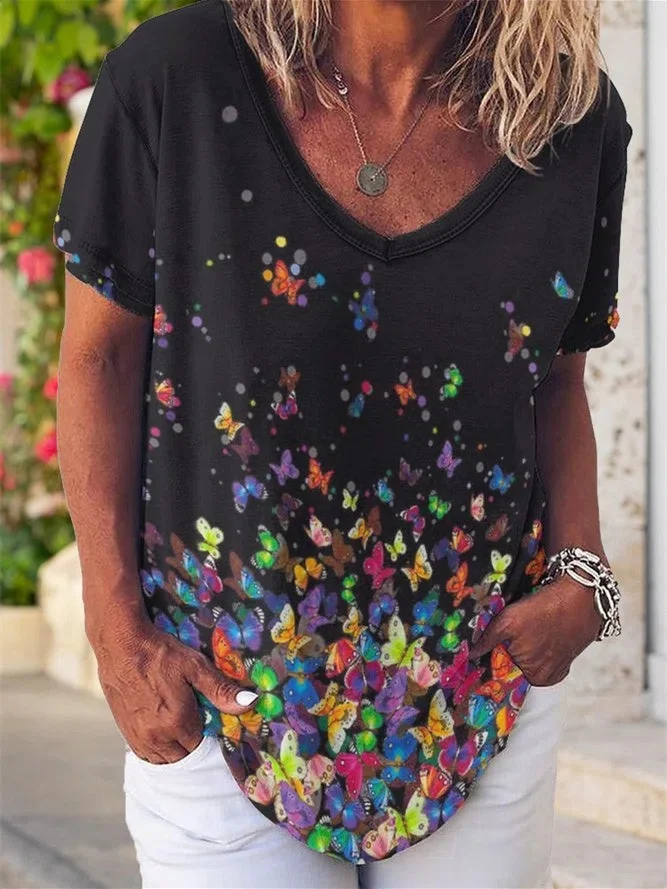 Women's Short Sleeve V-neck Floral Printed Loose Casual T-shirt
