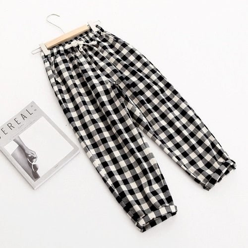 Spring Summer Plaid Pants Women's Harem Pants Capris Drawstring Waist Large Size Casual Loose Cotton Linen Trousers Women - BlackFridayBuys