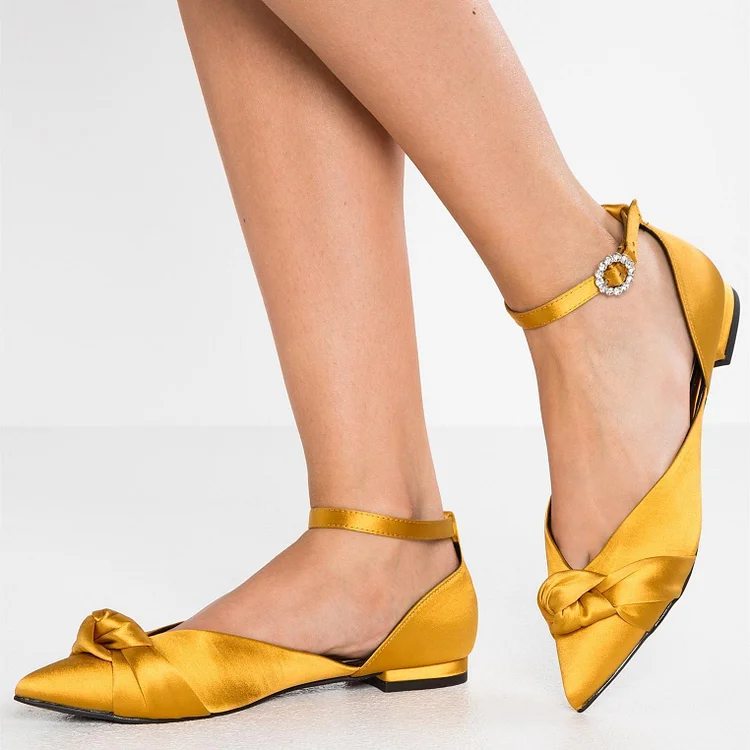 Gold Satin Tie Ankle Strap Comfortable Flats |FSJ Shoes
