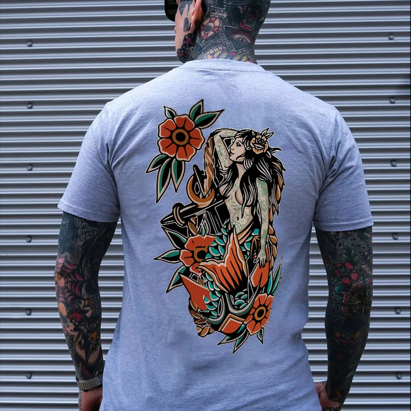 Mythology Goddess with Flowers Graphic Casual Black Print T-shirt
