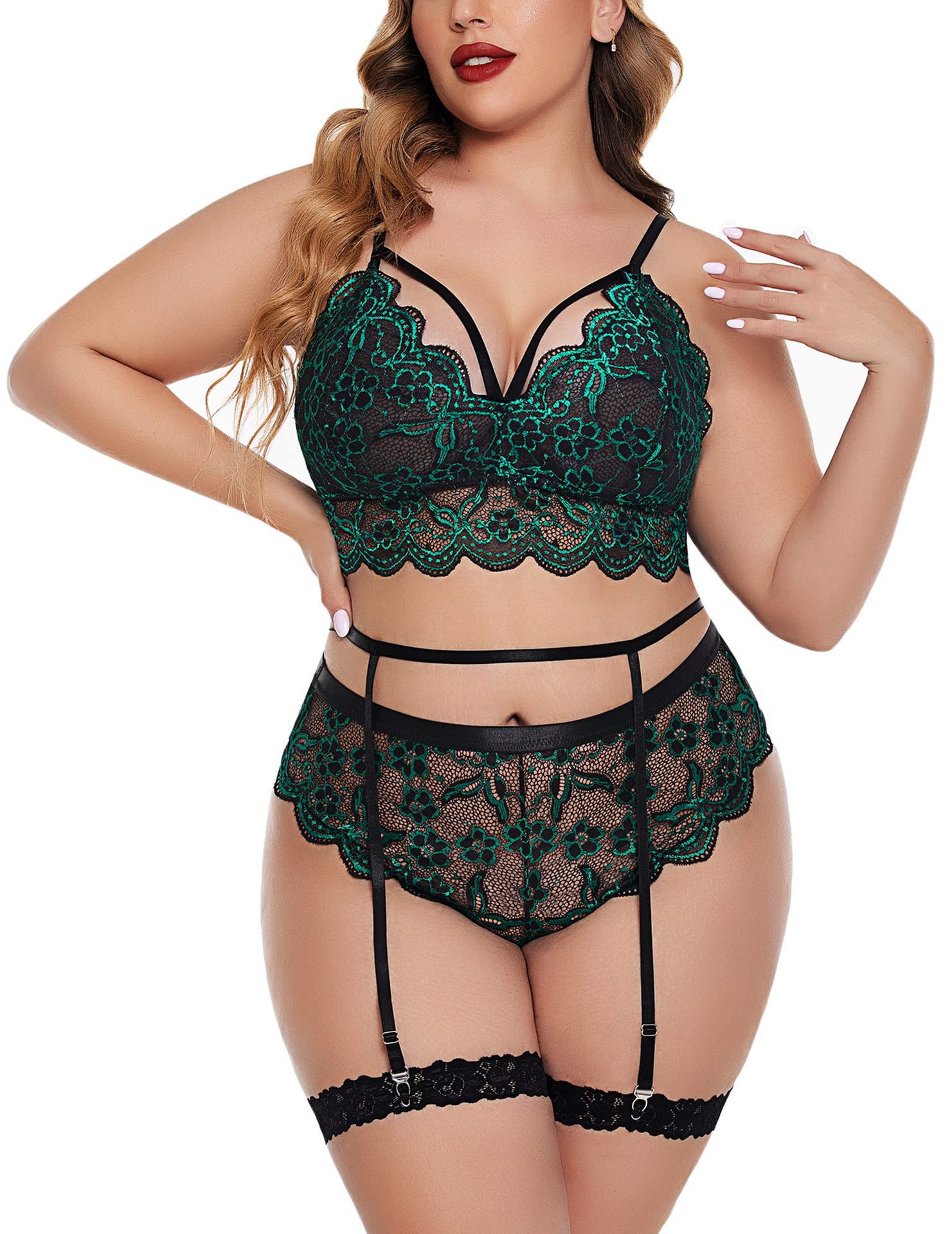 Lovingerie - Hollow-Out See-Through Three-Point Garter Belt Plus-Size Erotic Lingerie Sexy Tempting Lace