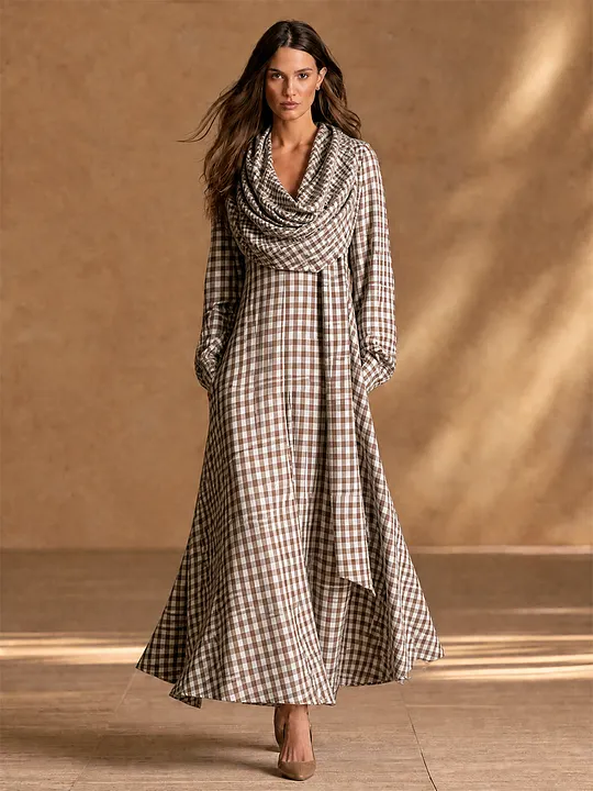 Women's Detachable Scarf Two Piece Vintage Plaid Cotton Lantern Sleeve Maxi Dress MD
