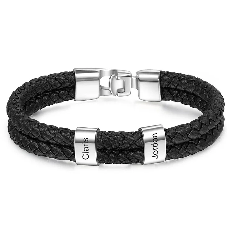 Men Leather Bracelet with Beads Engraved 2 Names Two Layers Bracelet Gifts For Father