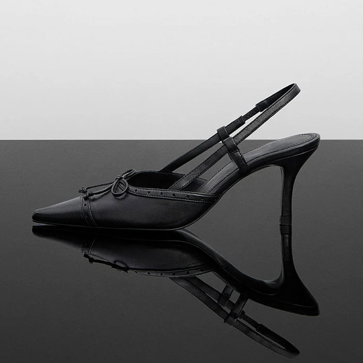 Classic Black Pointed Toe Slingback Heels Bow Decor Pumps Shoes |FSJ Shoes