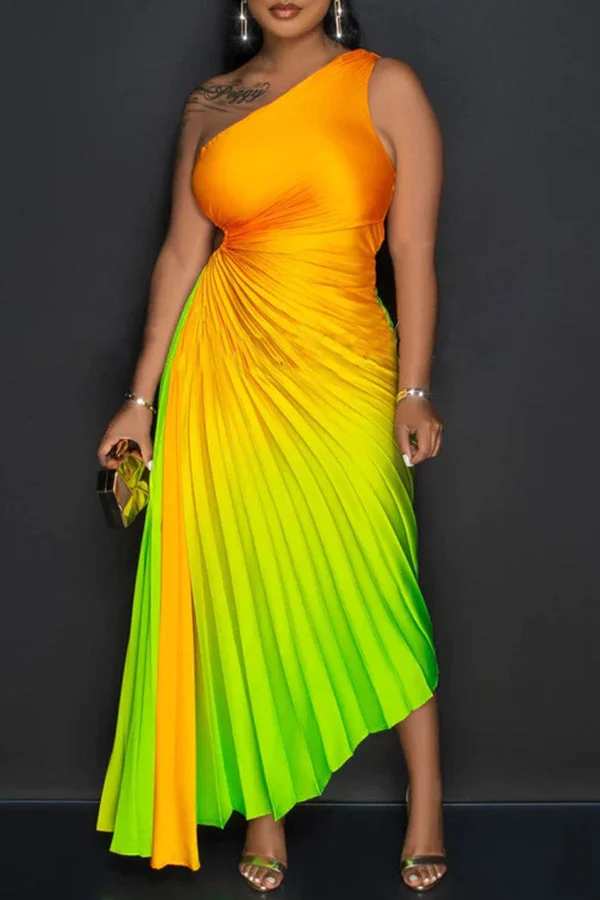 Fashion Gradient Print Sleeveless One Shoulder Waist Cutout Pleated Maxi Dress
