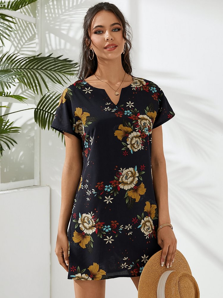 Random Floral Print V-neck Short Sleeves Mini Dress