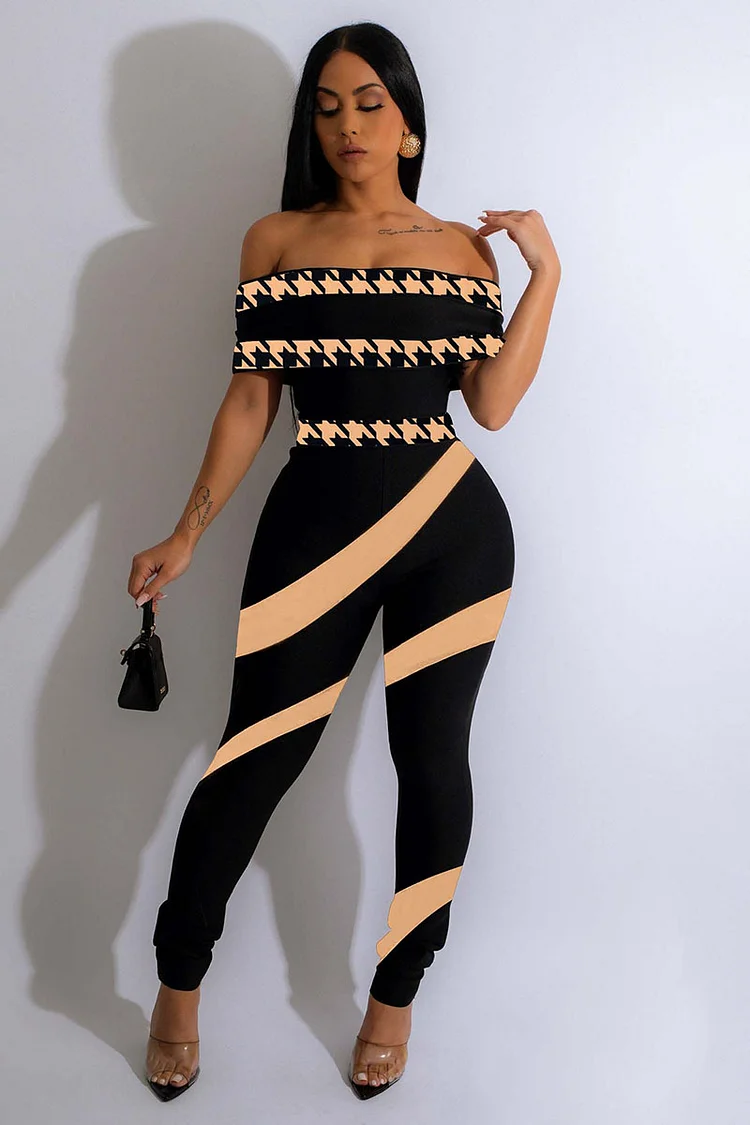 Houndstooth Trim Off Shoulder Skinny Jumpsuit