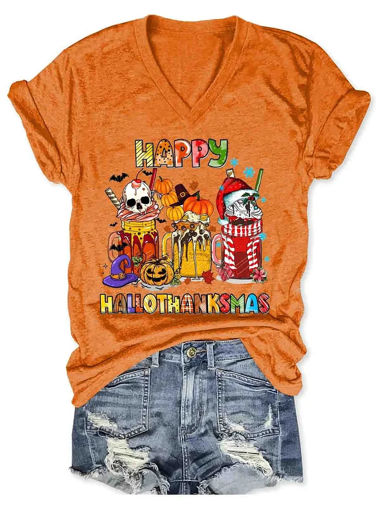 Women Happy Hallothanksmas Wine Print V-Neck Casual T-Shirt socialshop