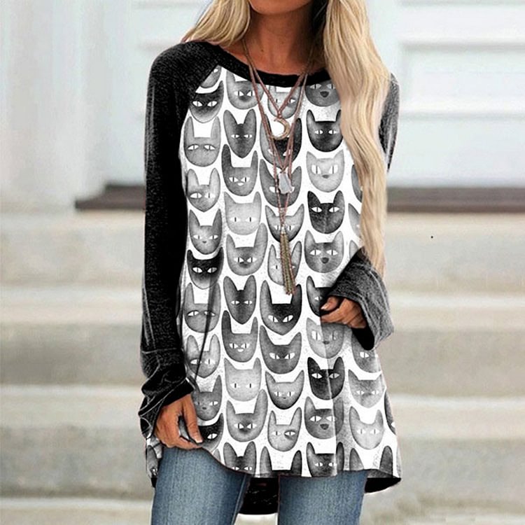 Vefave Casual Cat Print Long Sleeve Tunic