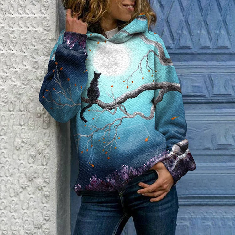 Vefave Floral Cat Print Long Sleeve Hoodie