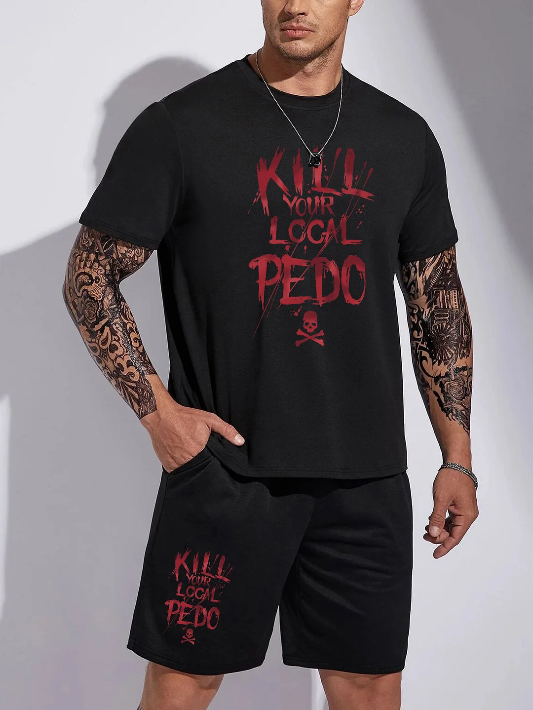 KILL YOUR LOCAL PEDO Black T-shirt and Shorts Printed Suit