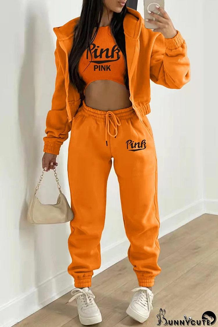 Orange Fashion Casual Letter Print Cardigan Vests Pants Hooded Collar Long Sleeve Three-piece Set