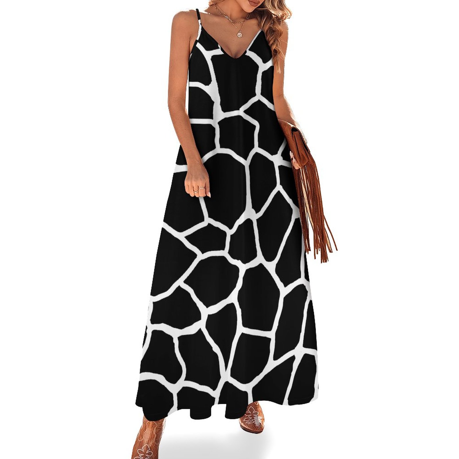 Black And White Giraffe Animal Women's Casual Strappy V Neck Sleeveless  Flowy Loose Long Maxi Beach Dress Sundress