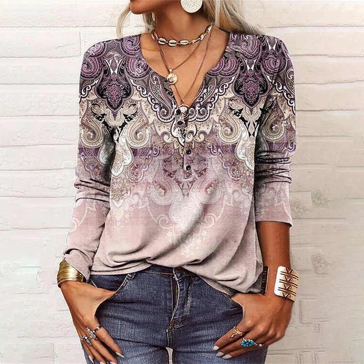 VChics Casual Vintage Print Long Sleeve T-shirt