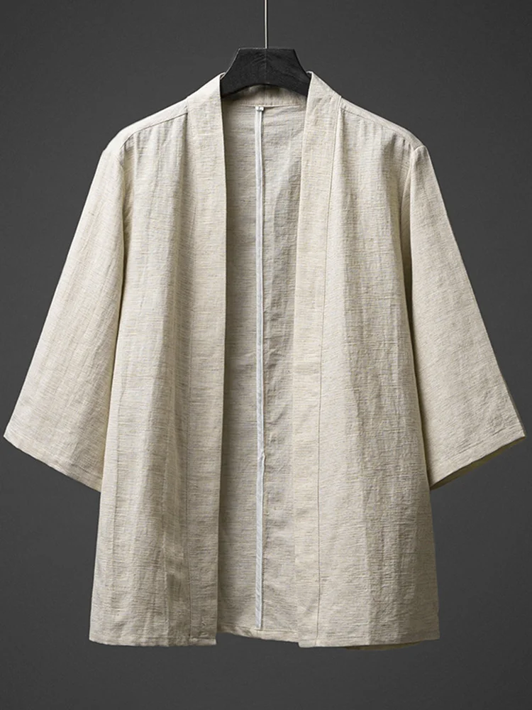 Men's Casual Solid Color Cotton Linen 3/4 Sleeve Loose Kimono Cardigan