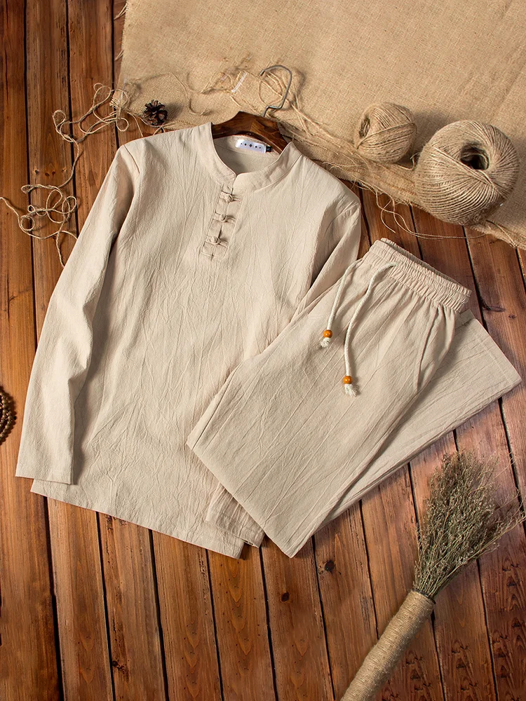 Men's Solid Cotton Linen Long Sleeve Top Drawstring Pants Matching Set