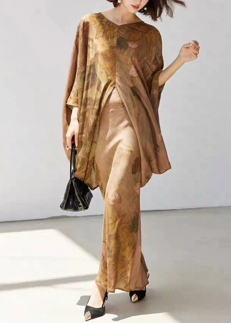 Loose V Neck Print Front Open Silk Cotton Two Pieces Set Fall