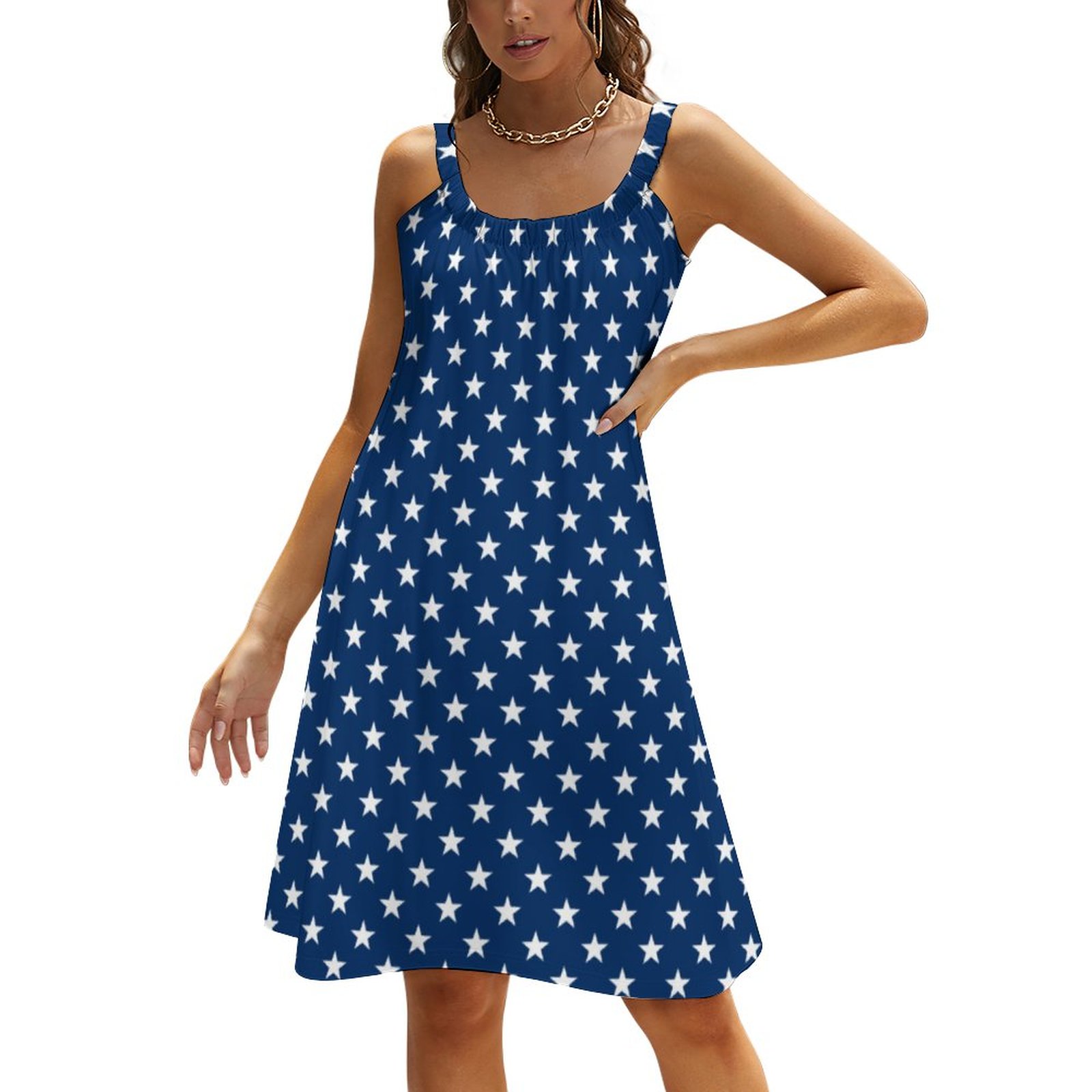SFNEEWHO Patriotic Navy Blue American Flag Star High Waist Summer Hawaiian  Beach Dresses Casual Sling Sleeveless Printed Knee Length Dress