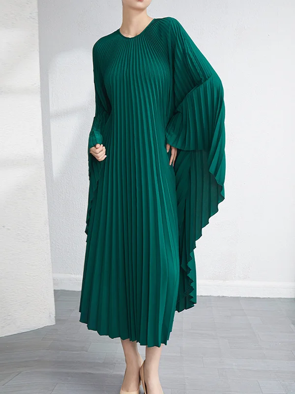 Batwing Sleeves Loose Pleated Solid Color Maxi Dresses