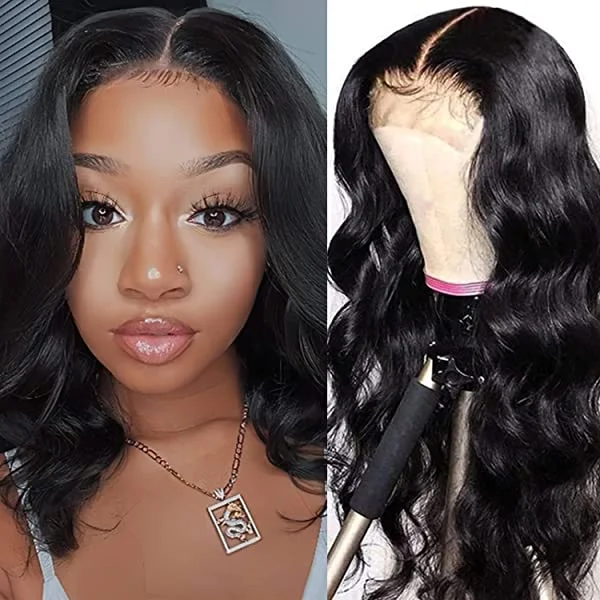 4x4 Black Women Glue Free Wig Front Lace Wig Real Hair Lace Closure Wig Natural Color 180% Density 14 Inches