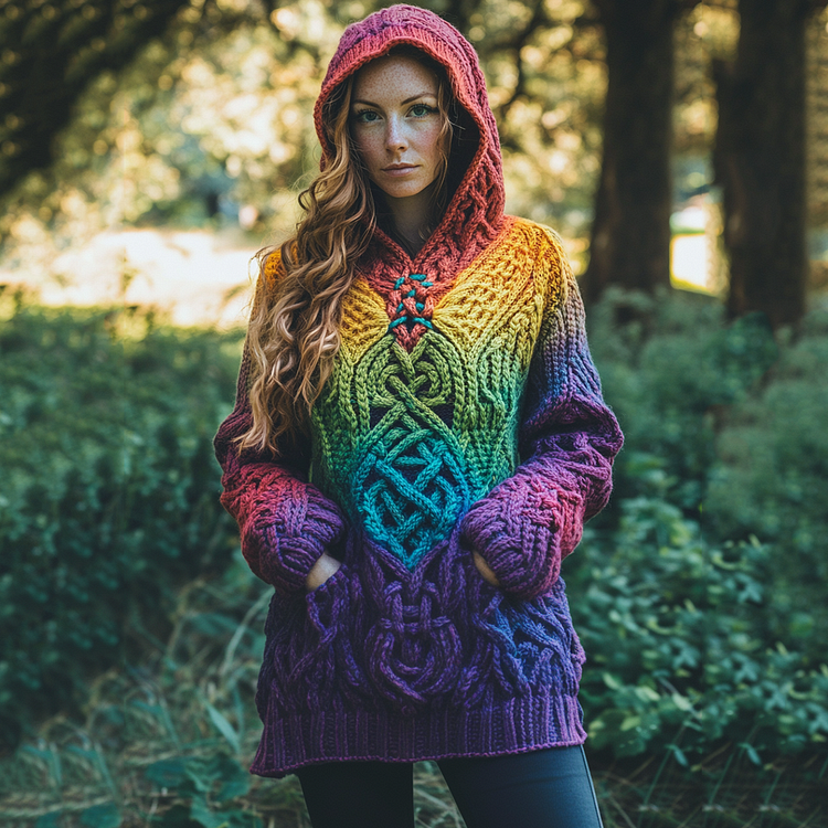 Women's Irish Rainbow Pattern Jacquard Pocket Cozy Hooded Sweater