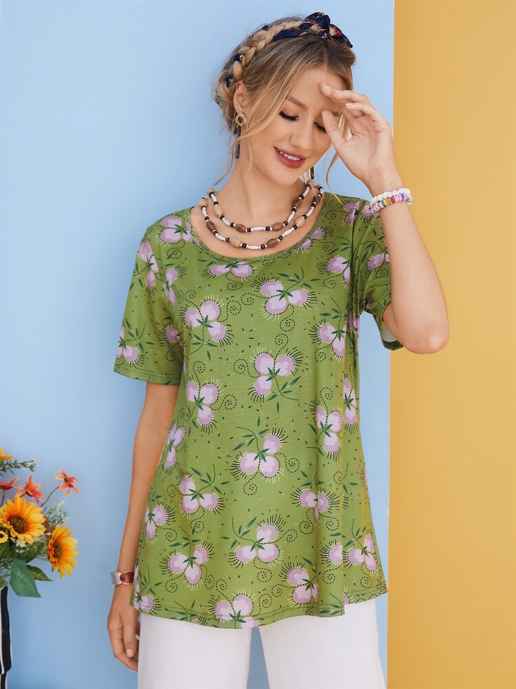 Flowers Print O neck Short Sleeve Casual T shirt P1844022