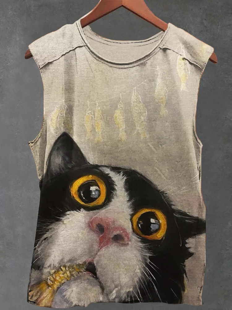 Men's Bicolor Cat Eating Fish Print Tank Top