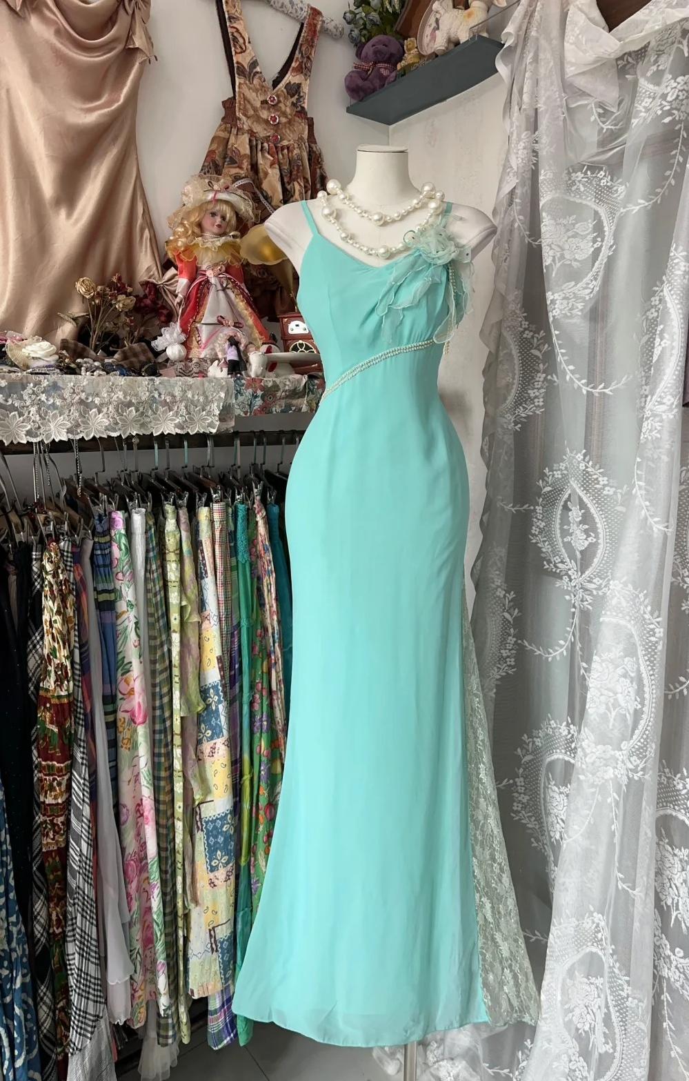 Sweet Mint Green Spaghetti Strap Chiffon Lace Bodycon Prom Dress Elegant  Party Dress HZ1108