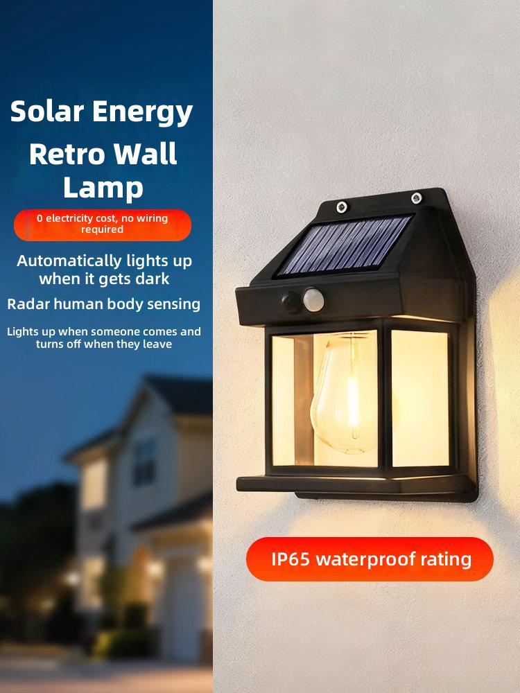 Solar Powered Retro Wall Lamp with Motion Sensor and IP65 Waterproof Design