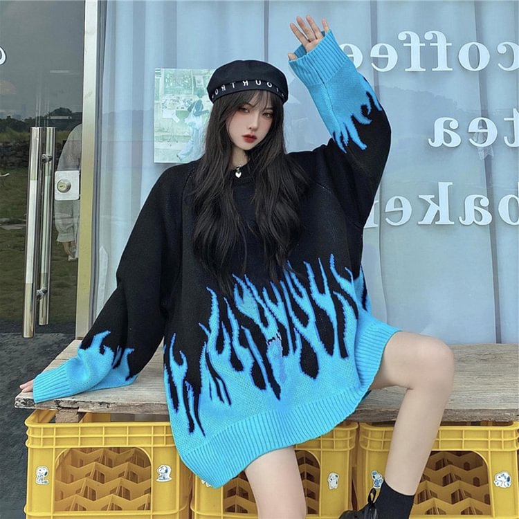 Loose Size Flame Color Matching O Neck Knitted Sweater Pullover SP357
