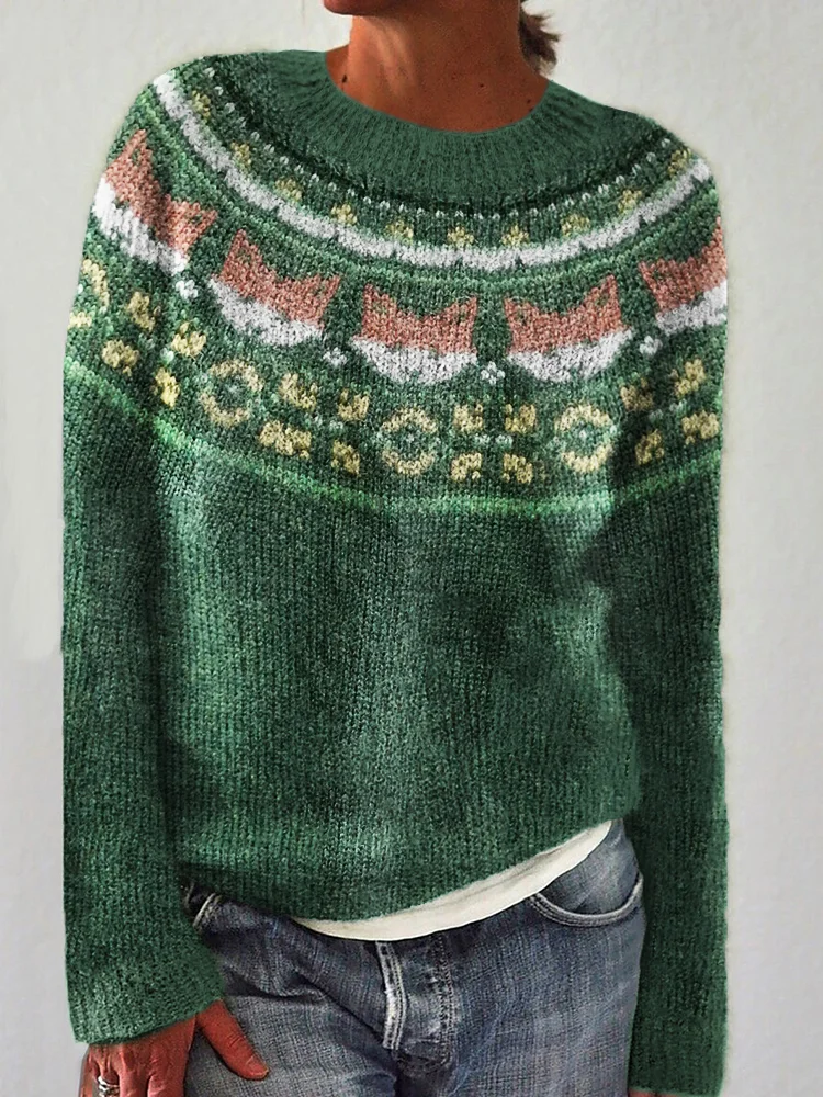 VChics Lovely Fox Inspired Cozy Knit Yoke Sweater