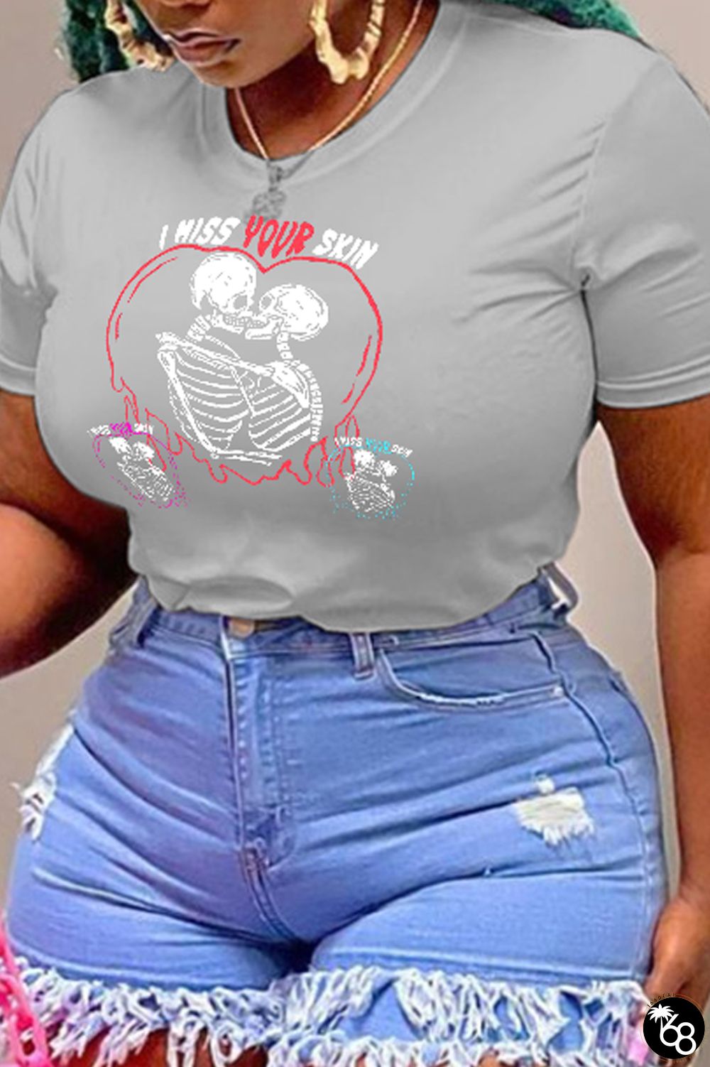 Light Gray Casual Sportswear Print Skull Patchwork O Neck T-Shirts | 168DEAL